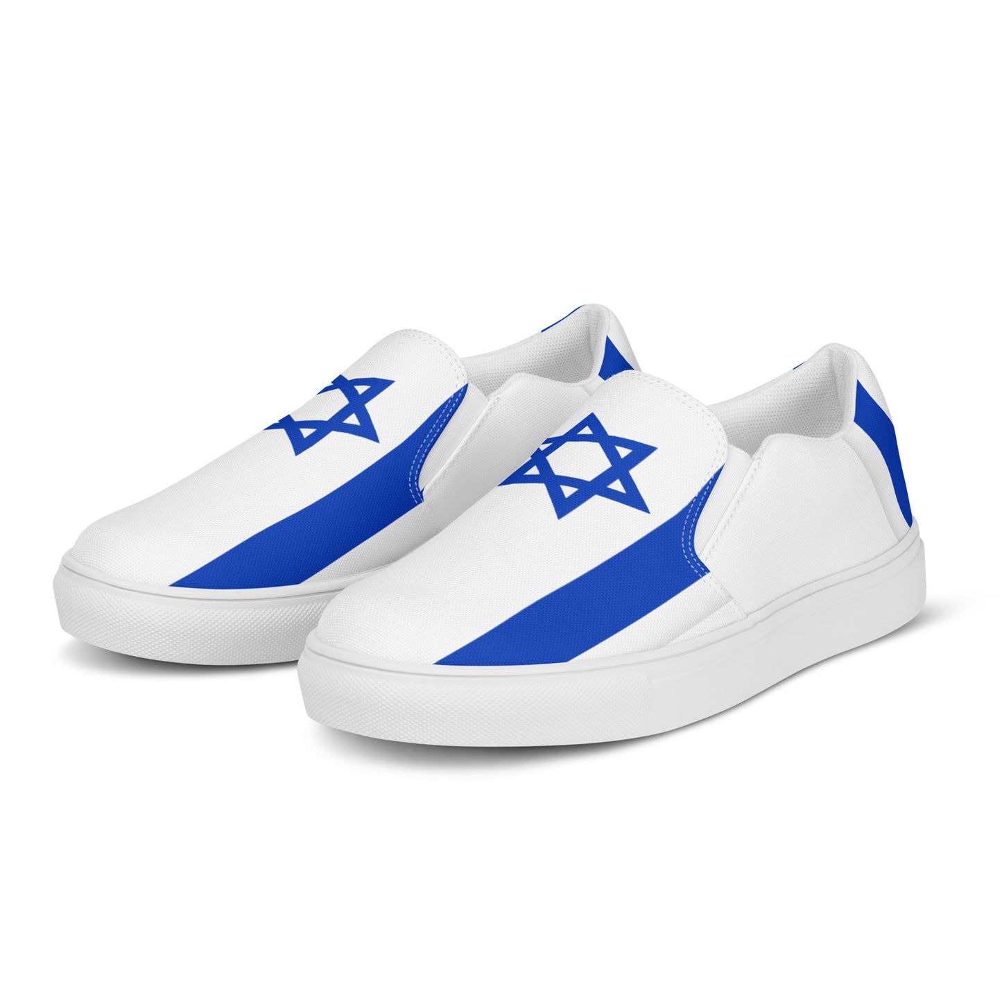 White [Brand] slip-on shoes with blue Star of David.