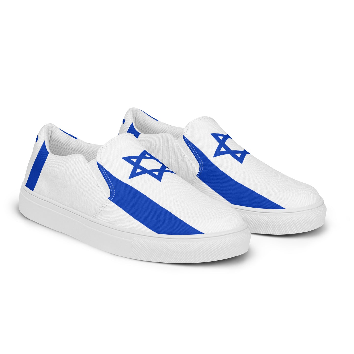 White [Brand] slip-on shoes with blue Star of David.