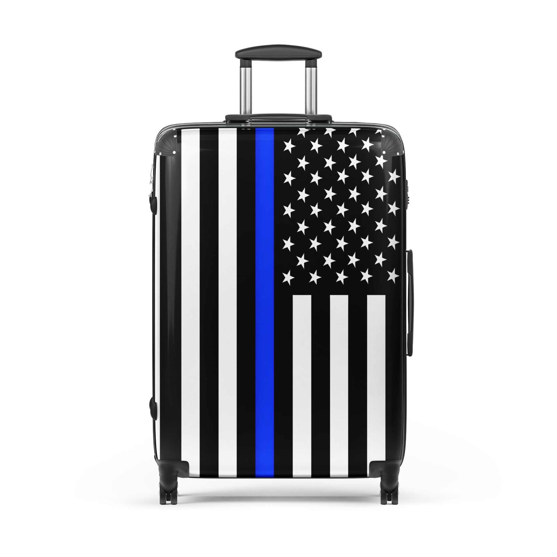 [Brand] suitcase with American flag, thin blue line design.