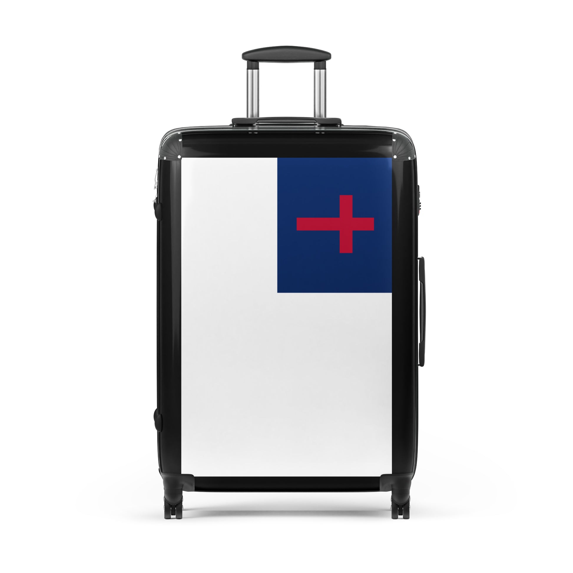 [Brand] suitcase featuring flag design with cross, black edging.