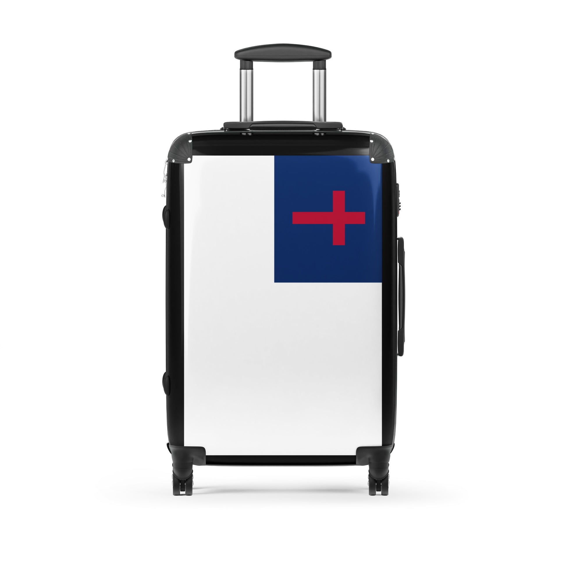 [Brand] suitcase with Christian flag design, upright and white.