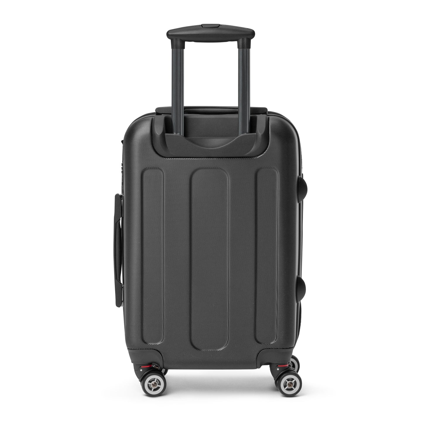 Black [Brand] suitcase, four wheels, telescopic handle, sleek design.