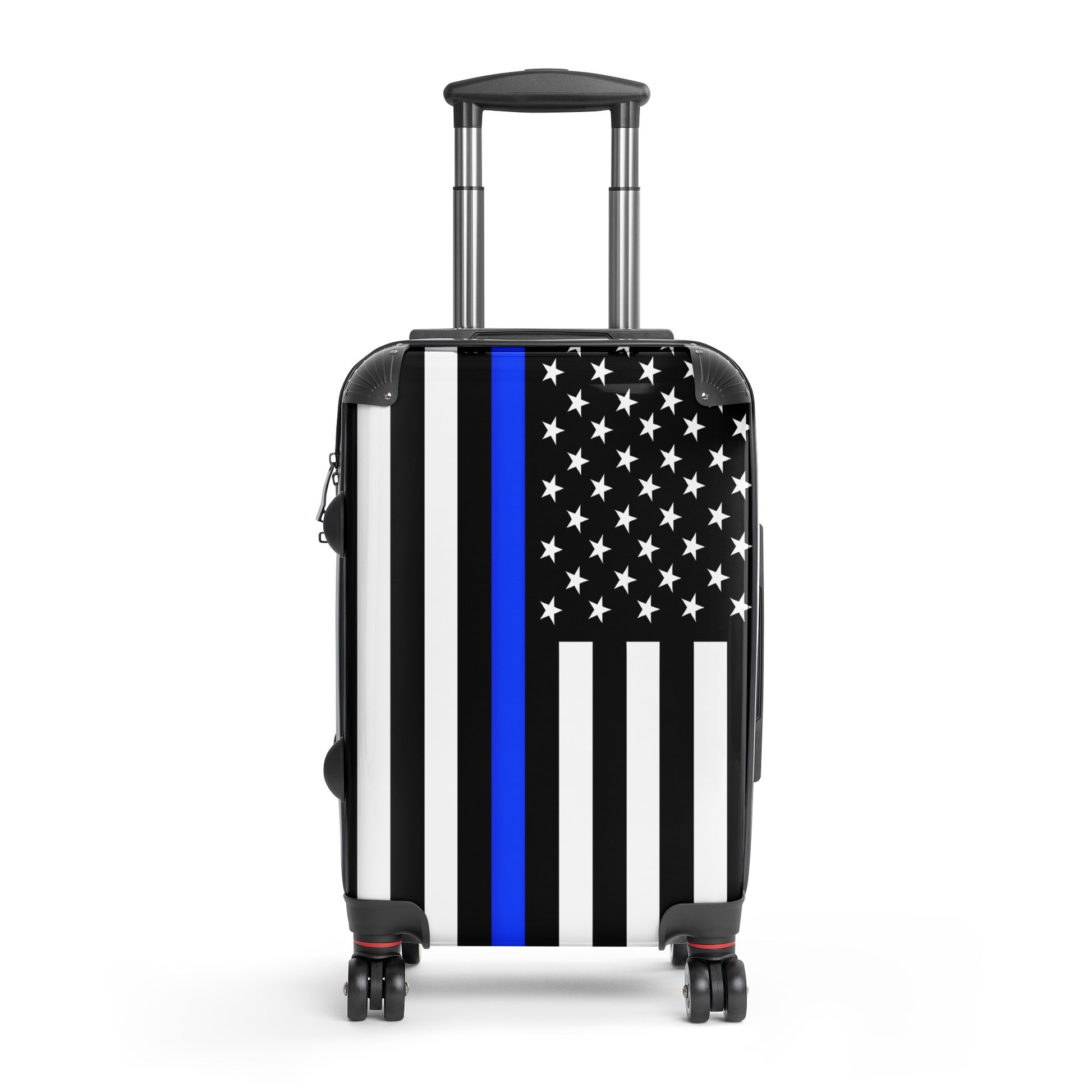 [Brand] suitcase with American flag design, blue stripe.