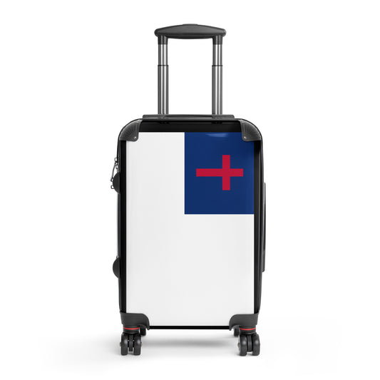[Brand] suitcase with cross design and extendable handle, wheels.
