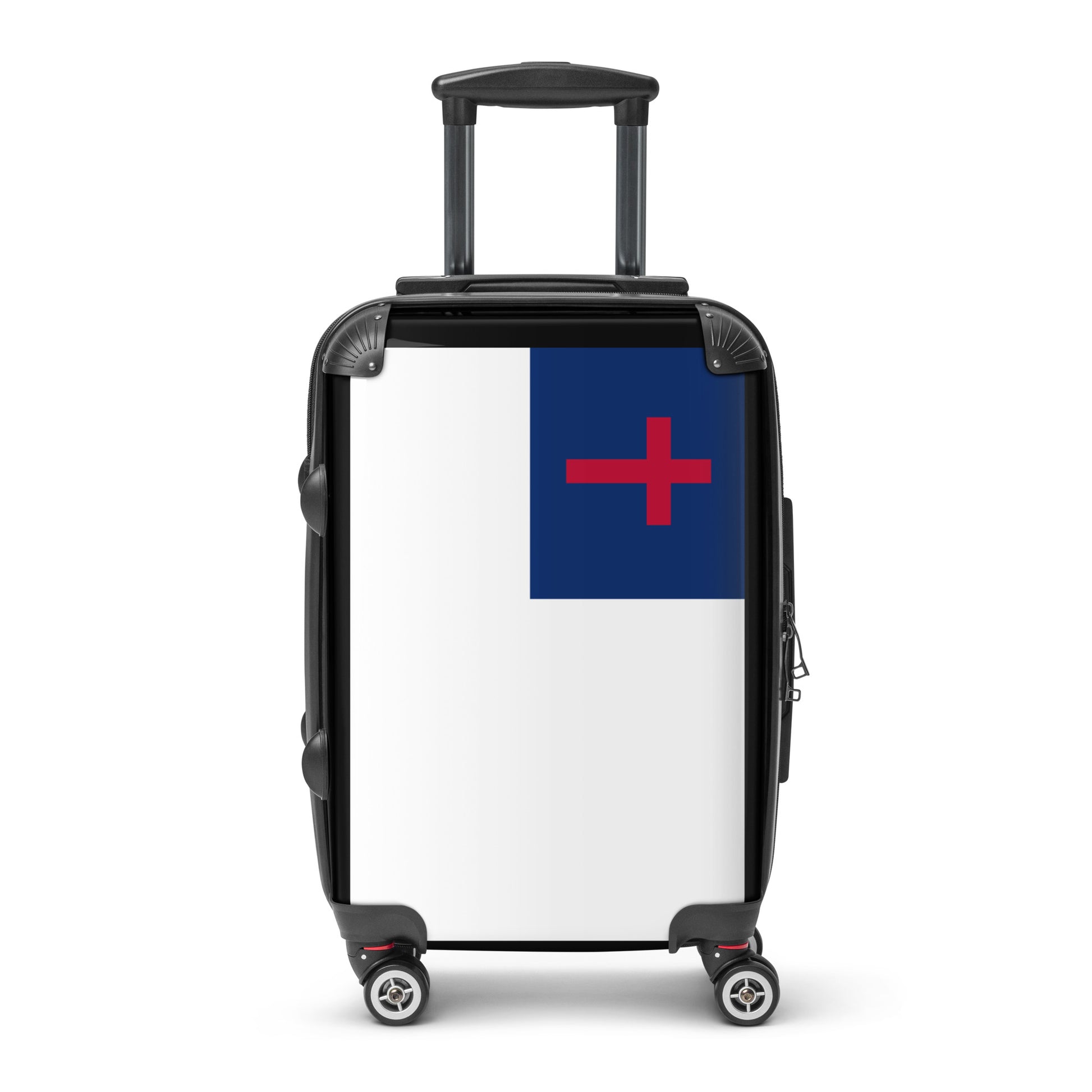[Brand] suitcase with flag design, telescopic handle, four wheels.