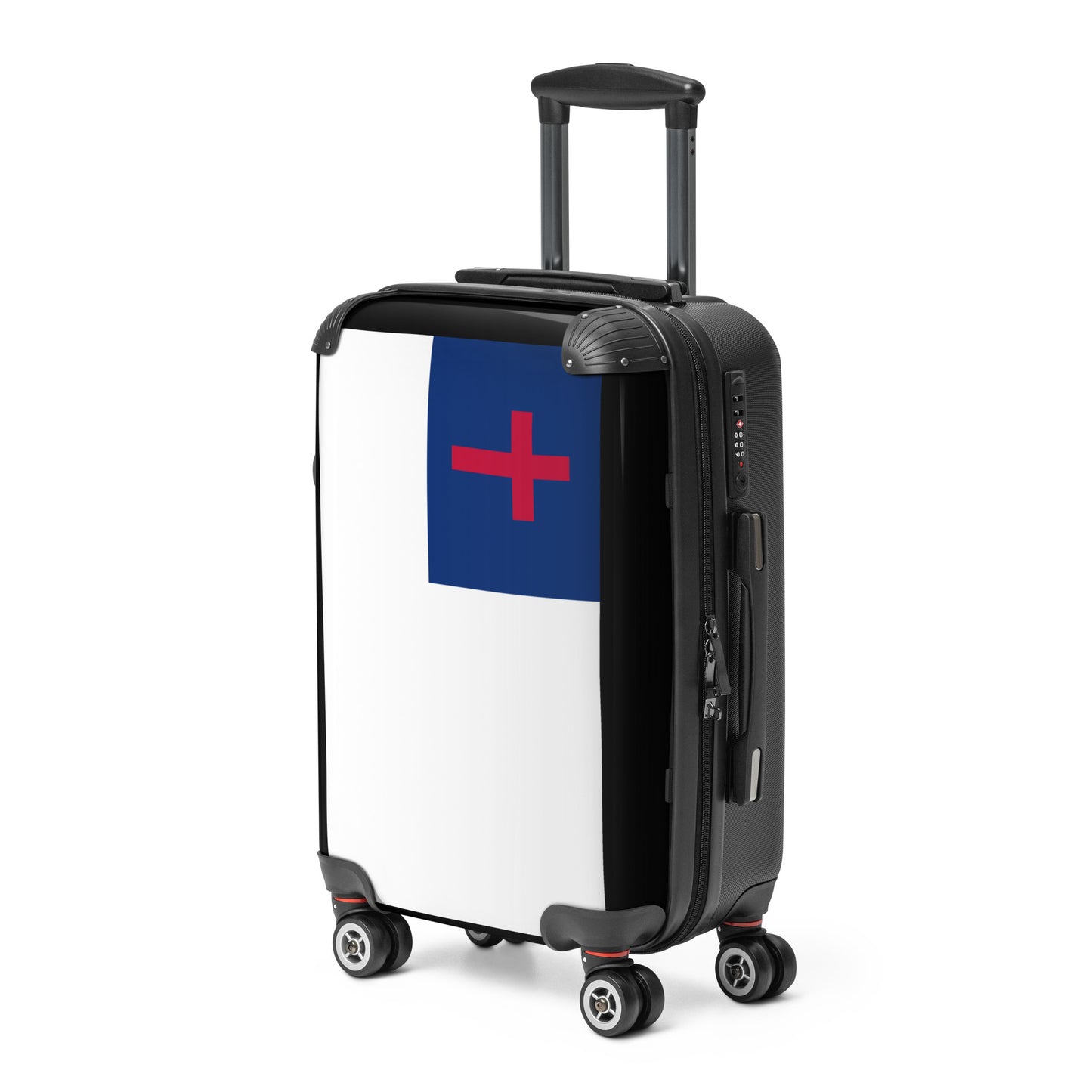 [Brand] suitcase with flag design, four wheels, black handle.