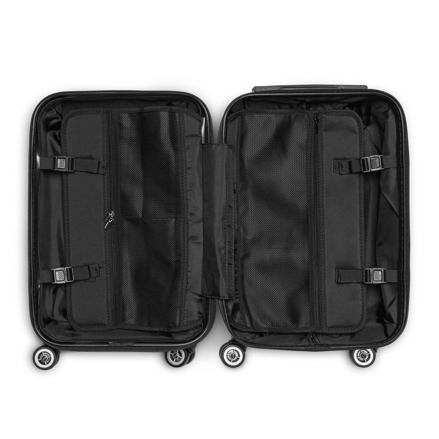 Open [Brand] suitcase showing interior compartments with mesh dividers.