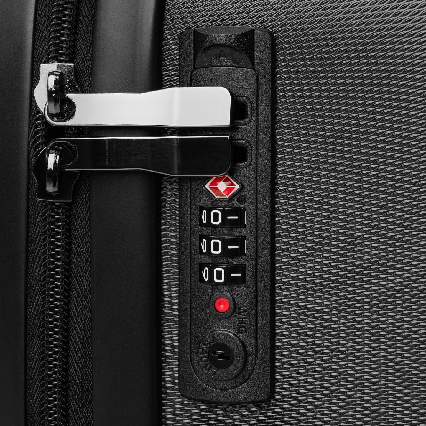 [Brand] suitcase lock with combination dials and zipper clasps.