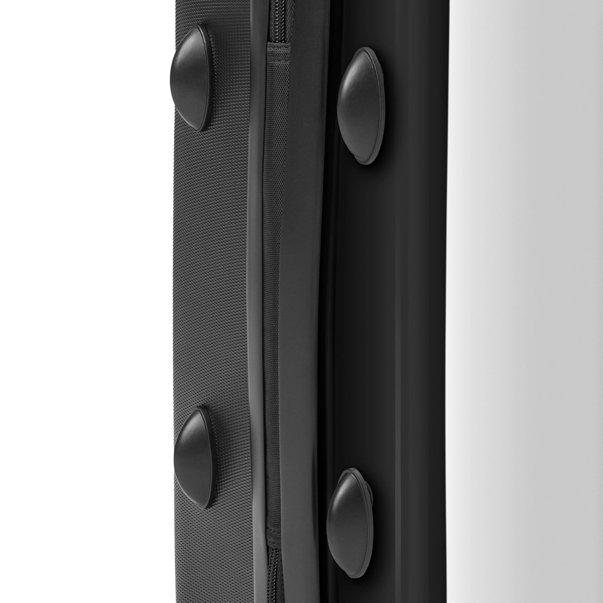 Close-up of [Brand] black suitcase, featuring zipper and wheels.