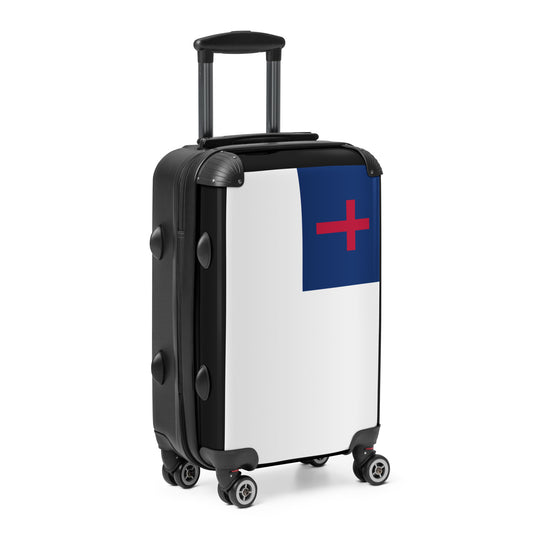 [Brand] suitcase with flag design, featuring four-wheel system.