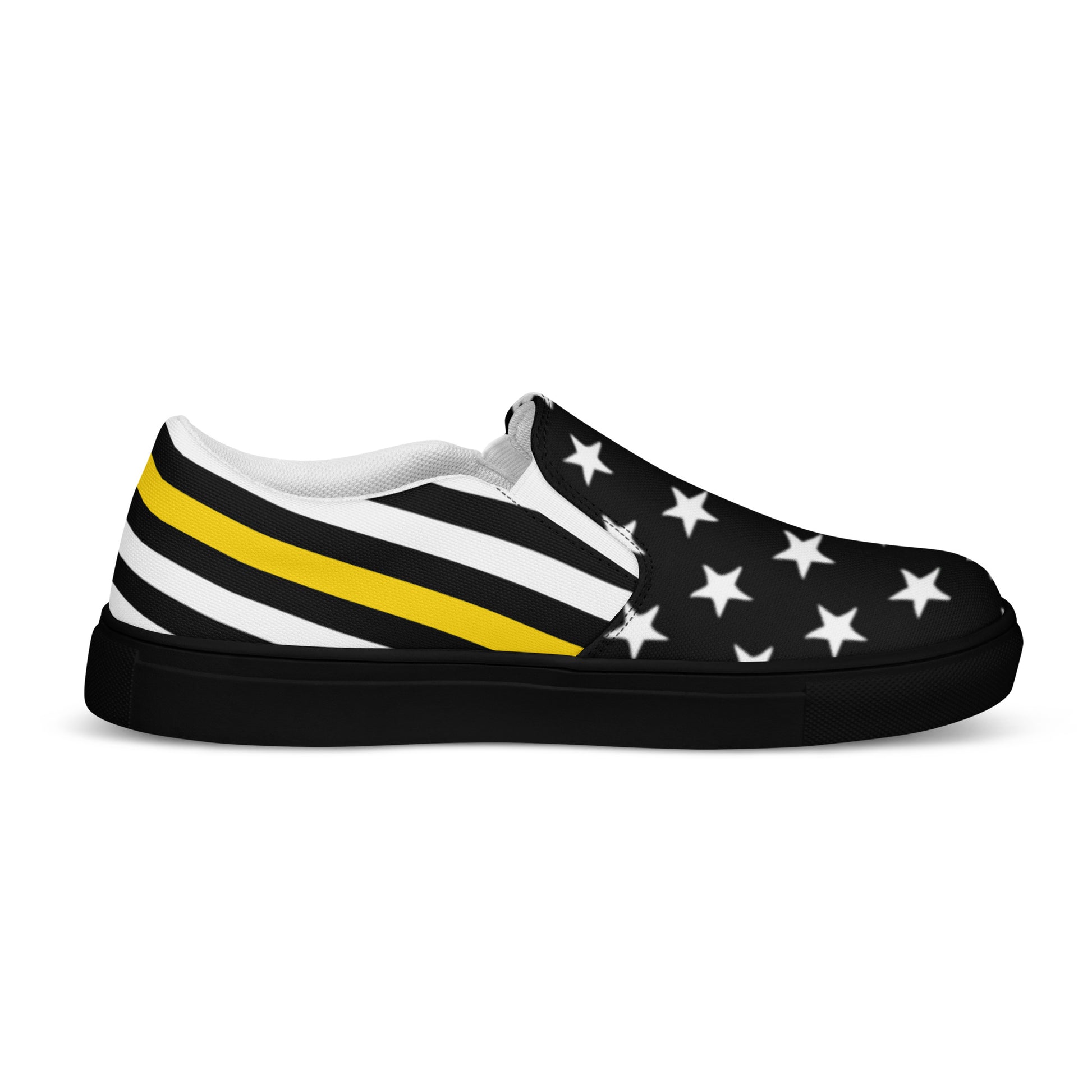 [Brand] sneaker with yellow stripe, stars, and black sole.