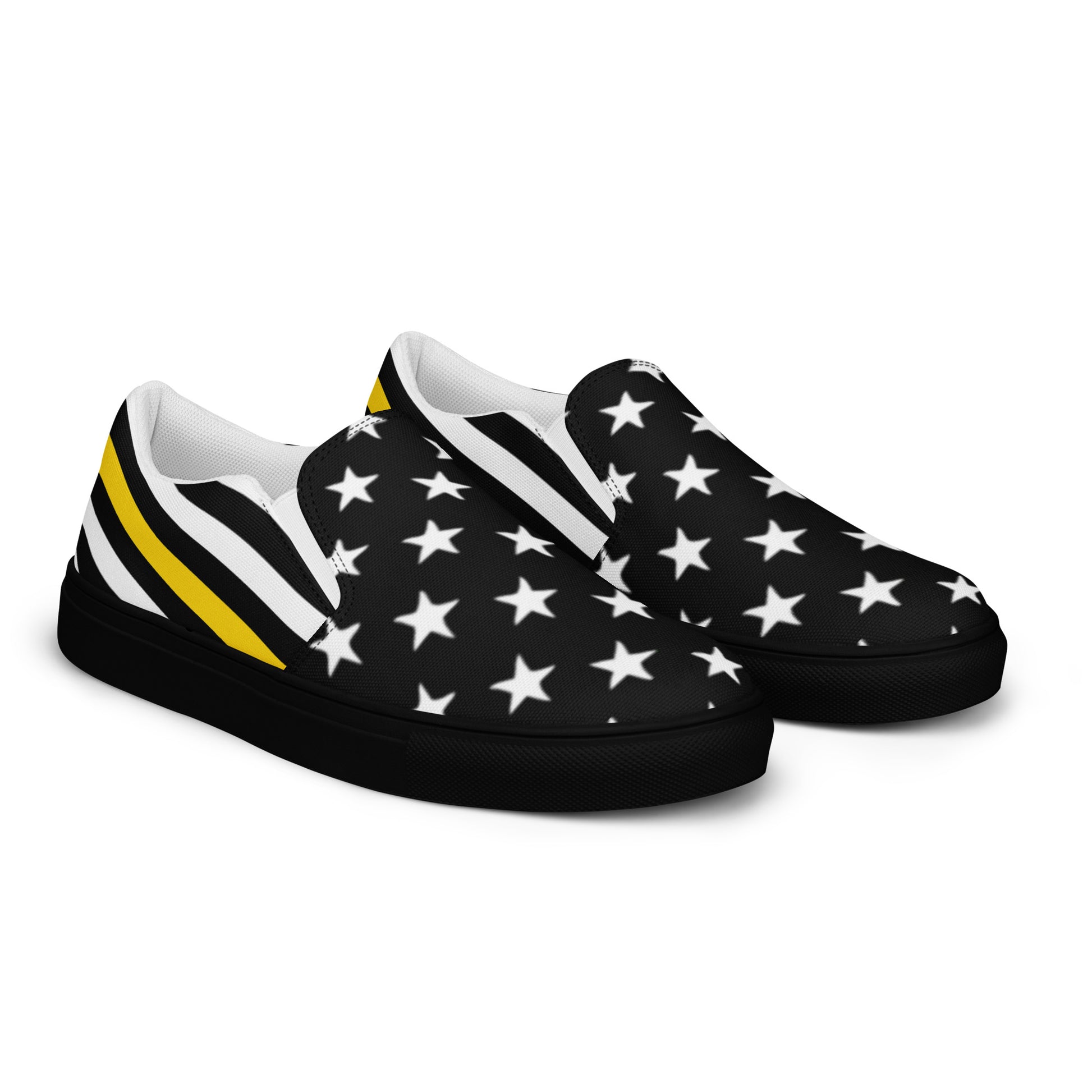 [Brand] black slip-on shoes with stars and stripes design.