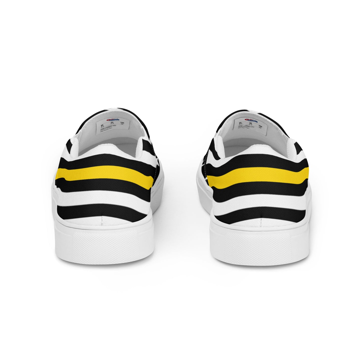 [Brand] sneakers with black, white, yellow striped design.