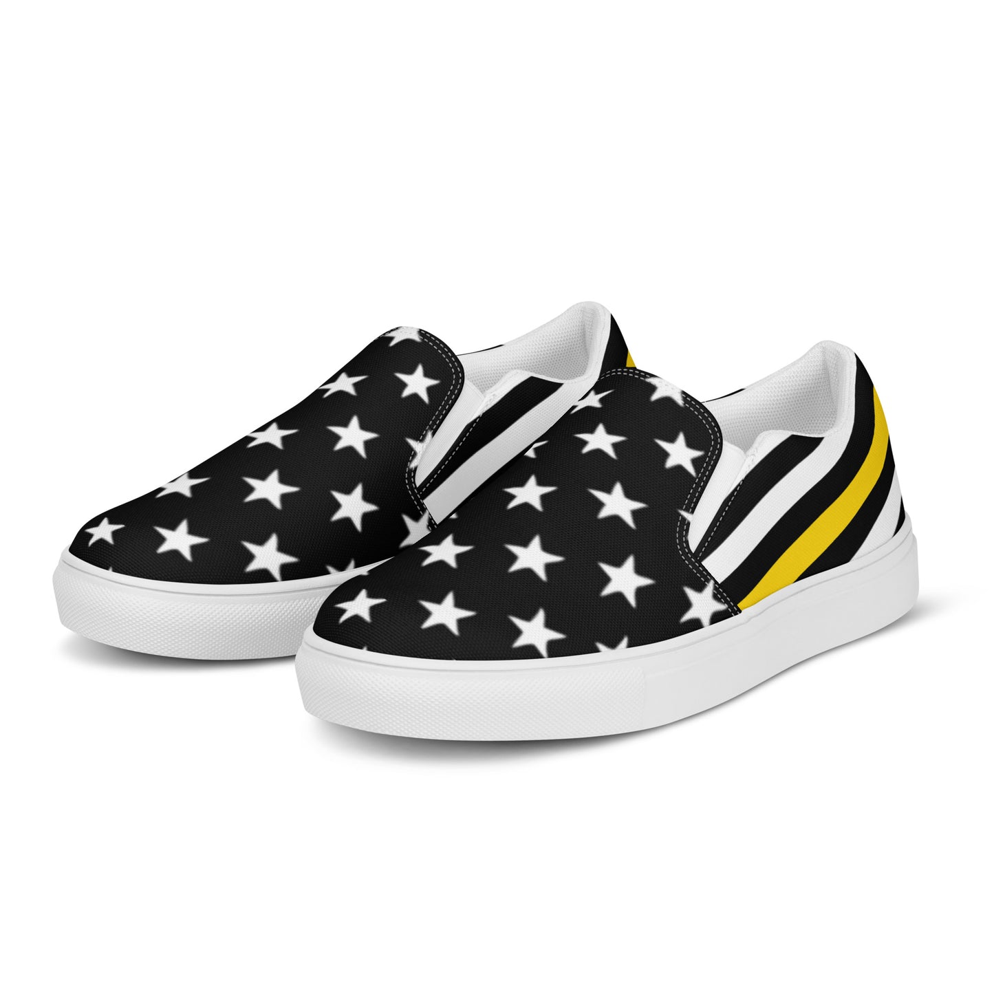[Brand] slip-on shoes with stars, stripes, and yellow accents.