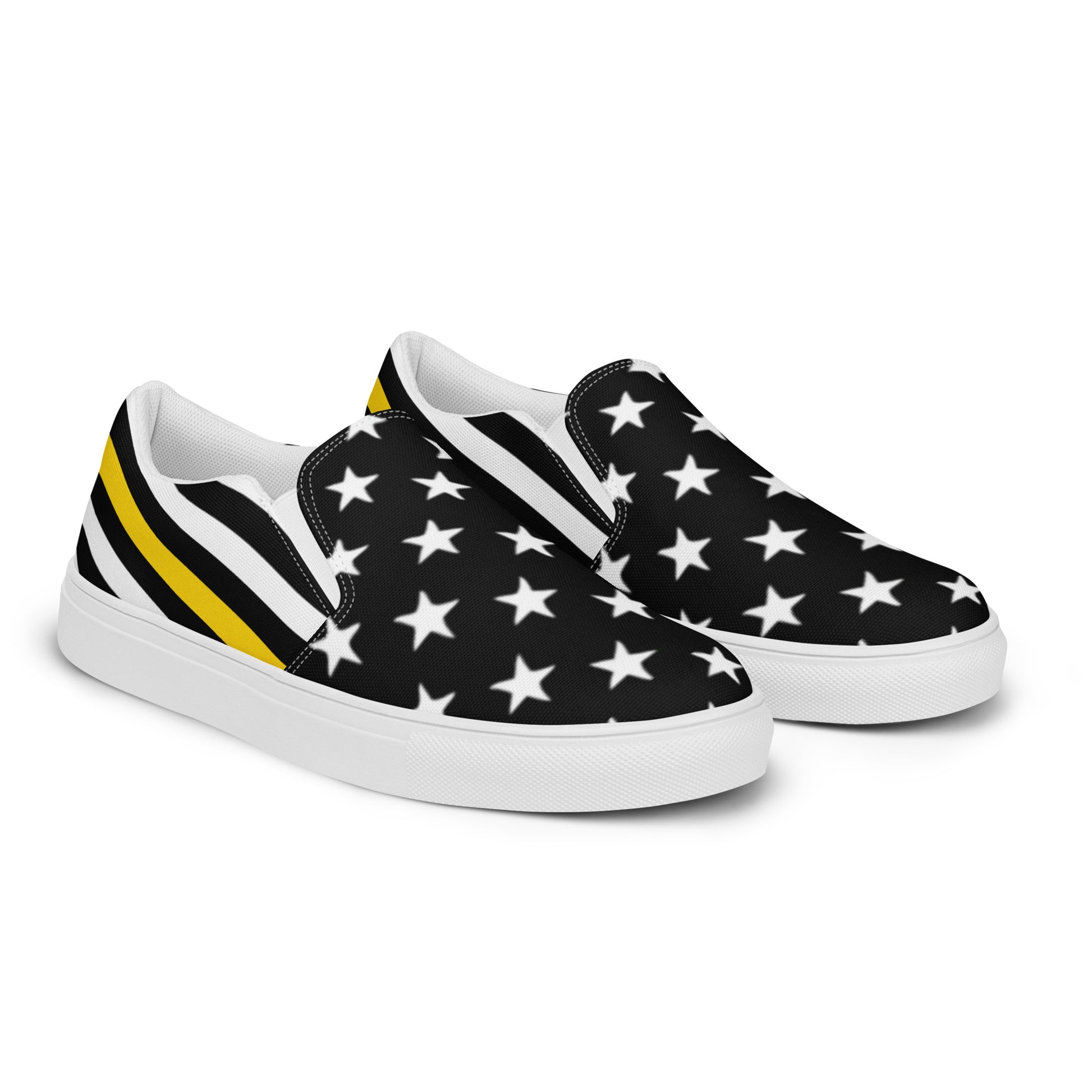 [Brand] black slip-ons with stars and stripes pattern.